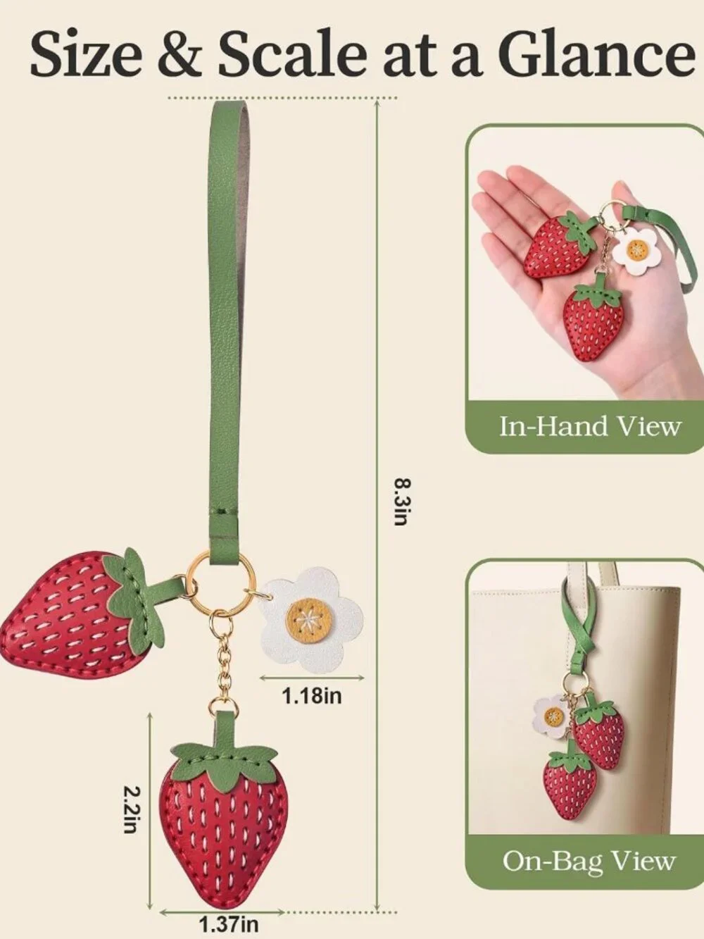 Handmade Strawberry Bag Charm - Double-Sided Leather Purse Accessory for Totes